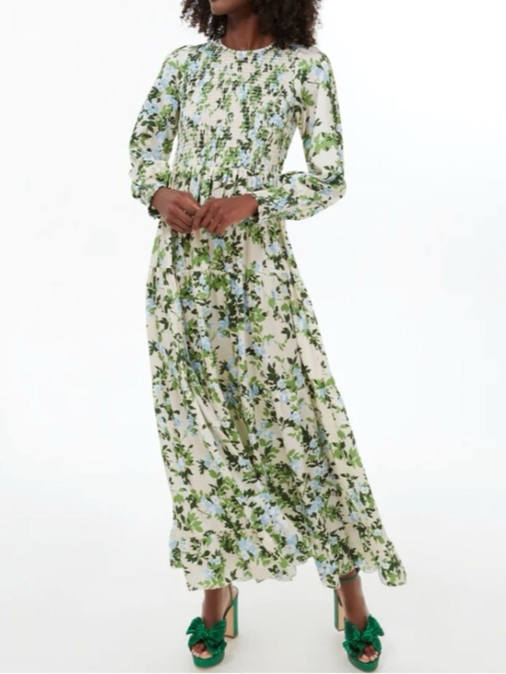 Tuckernuck Cream Maxi Dress with Green and Light Blue Floral Print